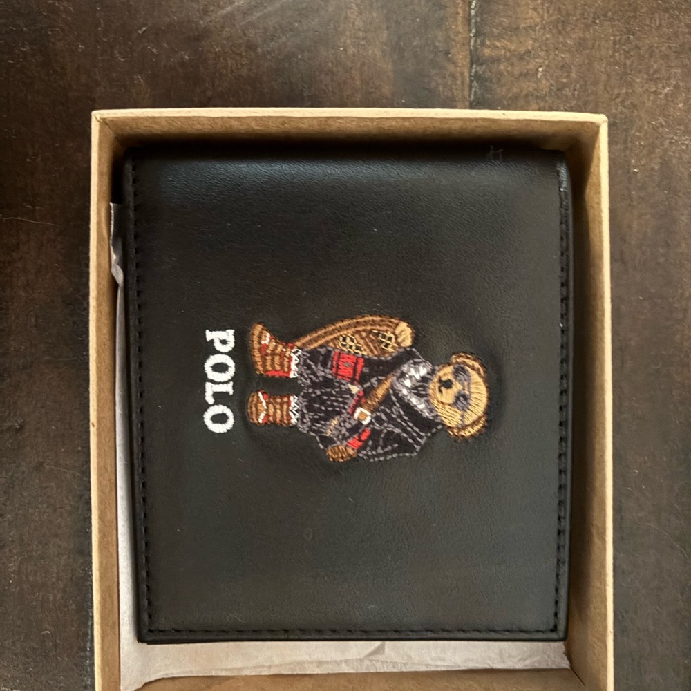 Ralph Lauren Black Leather Bifold Wallet with Polo Bear Embroidery